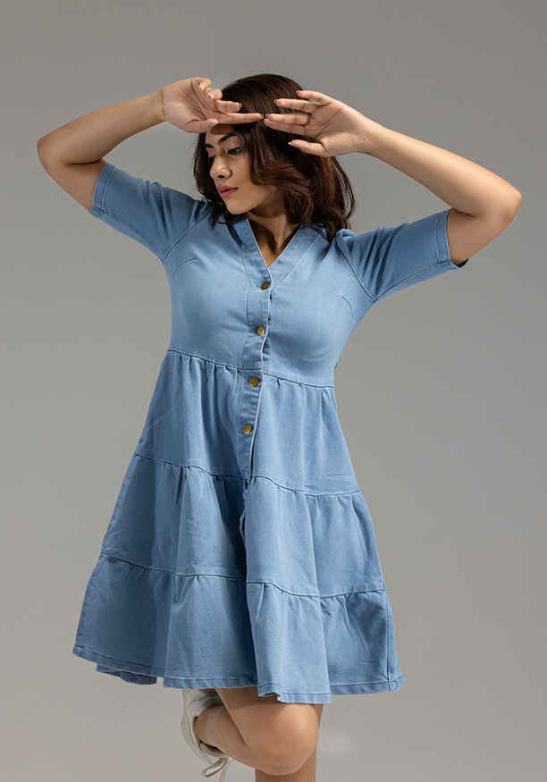 BARETTE DENIM RUFFLE DRESS